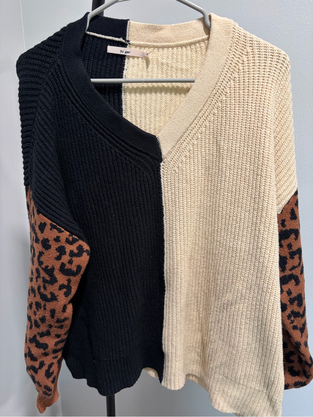 miami Colorblock V-Neck Sweater with Leopard Sleeves - Black, Cream & Brown